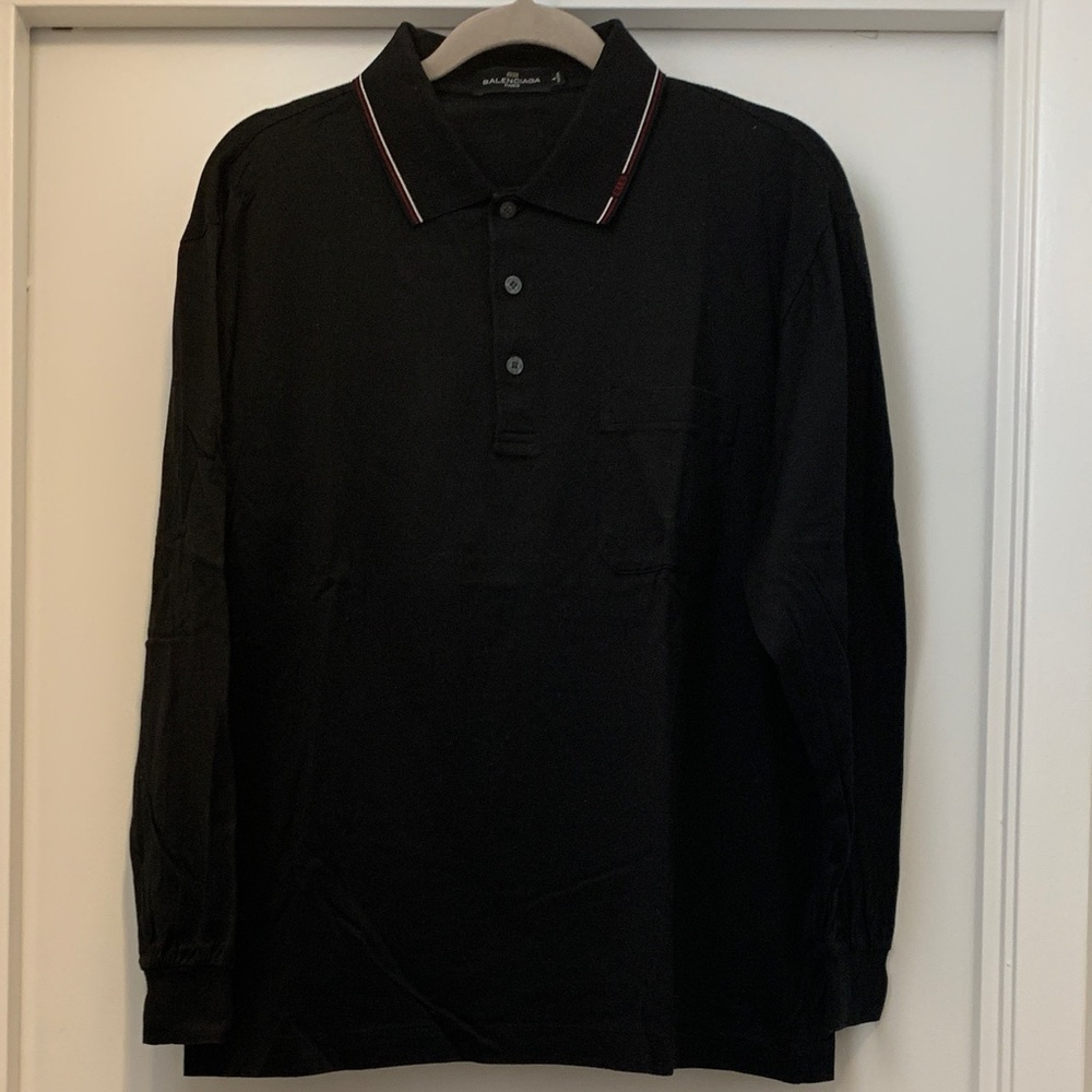 Balenciaga Long  -Sleeve Black Polo Shirt with Contrast Collar